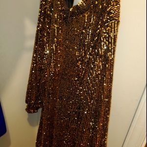 Mock Neck Sequin Dress With Puff Sleeve